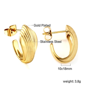 Textured gold plated stainless steel C-shaped oval hoop earrings 10x18mm for women