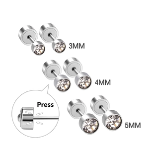 Détail de boucles d'oreilles en oxyde de zirconium de 3mm, 4mm et 5mm avec fermoir à pression