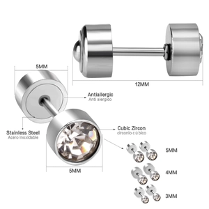 Vue détaillée des boucles d'oreilles en zircone avec dimensions et tailles variées