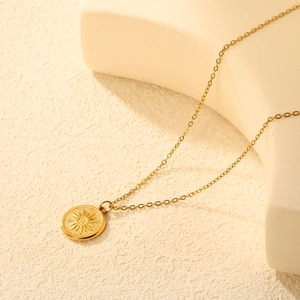 Sunburst Pendant Necklace Gold Plated 304 Stainless Steel Round Disc Sunray Engraved Retro Boho Jewelry For Women
