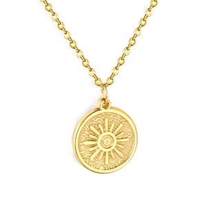 Golden sunburst medallion necklace in vintage style with polished stainless steel chain
