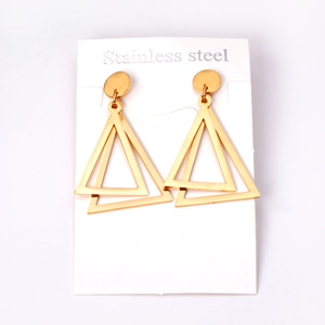 Gros plan de boucles d'oreilles double triangle en acier doré sur carte blanche