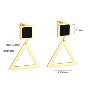 Detail of gold plated stainless steel earrings showing square and triangle dimensions