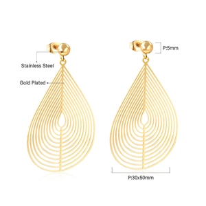 Detailed view of layered teardrop earrings in gold-plated stainless steel 30x50mm size