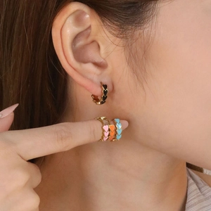 Stainless Steel Heart Hoop Earrings Colorful Enamel Drip Oil Gold Plated Huggie Style Sweet French Minimalist Jewelry For Women