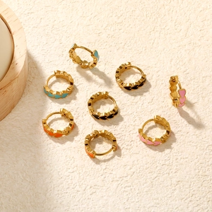 French style colorful heart enamel hoop earrings set with gold finish in various colors