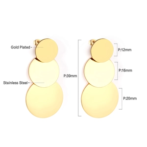 Macro detail of triple disc gold plated stainless steel drop earrings with dimensions