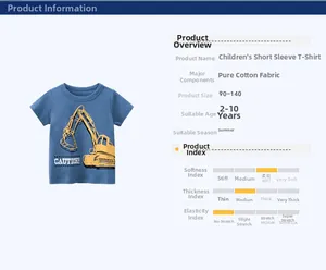 Detail of blue cotton toddler T-shirt featuring a yellow excavator print and size chart
