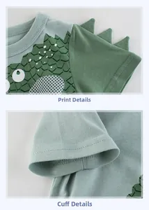 Détails du t-shirt enfant en coton avec motif dinosaure et coutures des manches