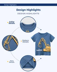 Close-up of blue cotton t-shirt for boys with yellow excavator print and durable stitching