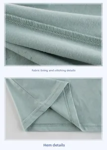Vue détaillée du tissu en coton vert sauge doux et des coutures précises sur l'ourlet