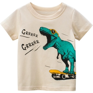 Kids cotton t-shirt featuring cartoon dinosaur on skateboard with sun glasses