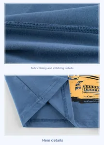 Detail of blue cotton t-shirt showing high-quality stitching and yellow excavator print