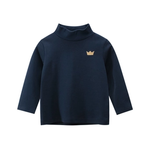 Boys navy long sleeve turtleneck shirt featuring gold crown embroidery on smooth cotton