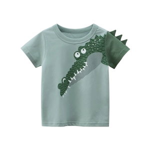 T-Shirt Manches Courtes Garçon Pur Coton Imprimé Crocodile Dessin Animé Détail Aileron 3D Été Décontracté Col Rond