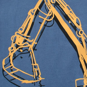 Kids navy blue short sleeve t-shirt featuring yellow excavator print and knit texture
