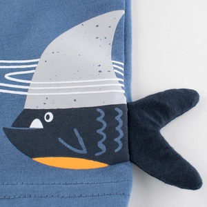 Blaues Kinder-T-Shirt aus Baumwolle mit 3D-Haifischflosse und lebendigem Druck