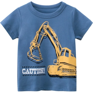 Blue kids short sleeve T-shirt featuring a yellow excavator print and Caution text