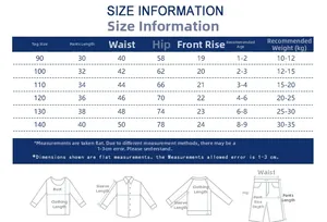 Size information chart for kids summer shorts showing measurements for ages 1 to 9 years