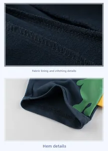Detail of dark blue knit shorts showing fabric texture, neat stitching and green print