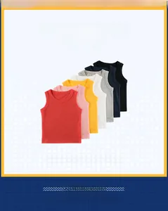 Flat lay of colorful solid cotton sleeveless vests for children aged 2-10 in seven colors