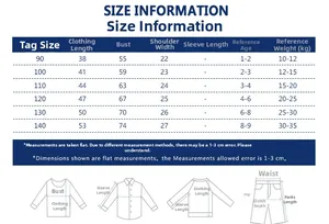 Comprehensive size chart for kids' solid color vest showing height, weight, and age ranges