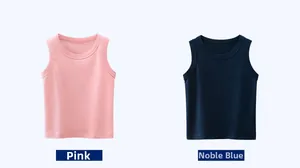 Detail of pink and royal blue cotton tank tops showing round neck binding for kids