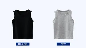 Detail of kids knit tank tops in black and heather grey with round neck and neat edging