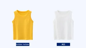 Detail of kids cotton tank tops in golden yellow and off-white with ribbed necklines