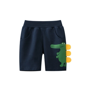 Boys Cotton Casual Shorts Navy Blue With Three Dimensional Crocodile Cartoon Print Elastic Waist Pockets Breathable Wear