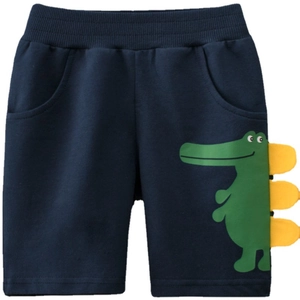 Kids navy blue knit cotton shorts with 3D crocodile pattern and elastic waistband