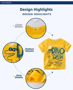 Détails du T-shirt jaune pour enfant avec imprimé dinosaure et col rond en coton doux