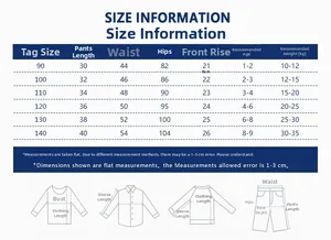 Detailed size information chart for boys summer cotton shorts ranging from age 1 to 9 years