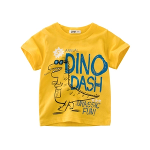 T-Shirt à Manches Courtes pour Enfants Garçons Imprimé Dinosaure Dessin Animé Coton Col Rond Jaune Top d'Été Décontracté