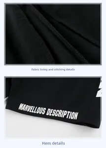 Macro detail of high-quality cotton knit fabric with stitched hem and white lettering print