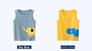 Detail of soft cotton kids tank tops in light blue elephant and golden yellow hippo prints