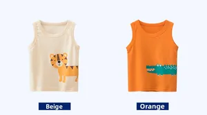 Detailed flat lay of kids cotton tank tops with cartoon tiger and crocodile prints