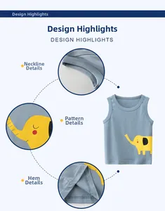 Detail view of boys light blue cotton tank top with yellow elephant print and stitching