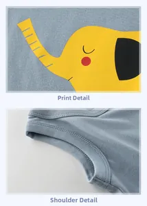 Detail view of cotton kids tank top showing yellow elephant print and shoulder stitching