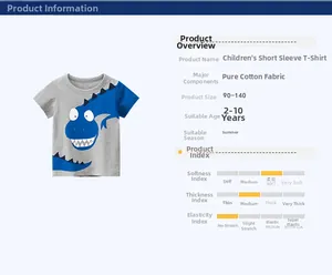 Detail view of cotton kids t-shirt with blue dinosaur print and fabric specifications