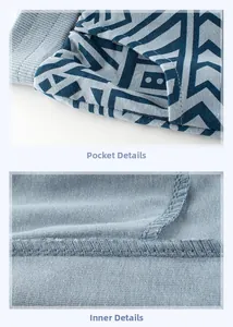 Détails de short enfant bleu clair avec motifs géométriques et coutures soignées