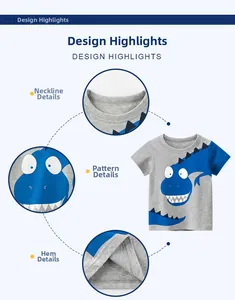 Detail view of cotton t-shirt with dinosaur print, contrast sleeves and double stitching