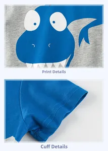 Detail of cartoon dinosaur print and neat double-needle stitching on gray cotton T-shirt