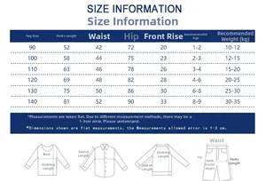 Size chart for boys summer sports pants with detailed measurements for ages 1-9