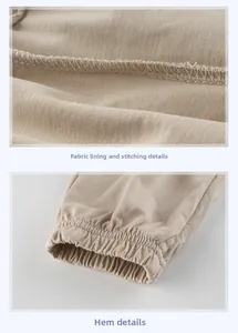 Detailed view of beige cotton fabric with precise stitching and elastic cuff hem