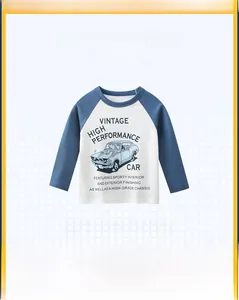 Detail of kids long sleeve raglan tee with vintage car print and contrast blue sleeves