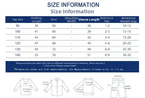 Detailed size chart for kids long sleeve shirts showing tag size, length, and age reference
