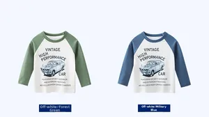 Detail of kids long sleeve raglan t-shirts featuring vintage car prints in green and blue