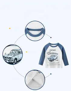 Detail view of boys raglan sleeve tee featuring vintage car print and stitching quality