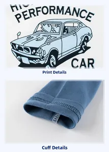 Close-up of car print on white cotton and ribbed blue cuffs of a kid's long sleeve tee